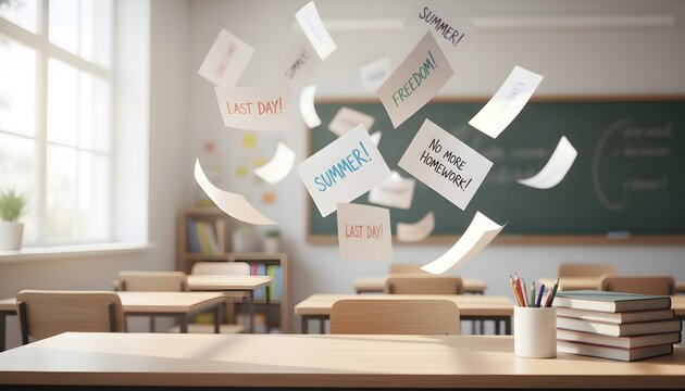 Empty classroom with throwing papers celebration for the end of the school year and summer vacation freedom concept, depicting last day of school joy and no more homework