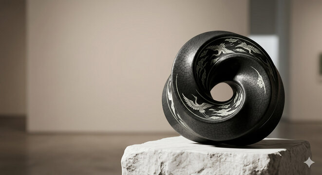Single matte black Korean celadon Goryeo twisted loop 3D object with inlaid crane patterns, dramatic side lighting, and copy space