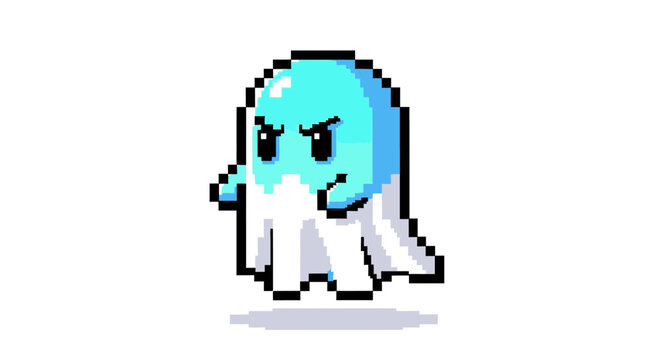 Pixel Art Blue Ghost Character with Angry Expression.