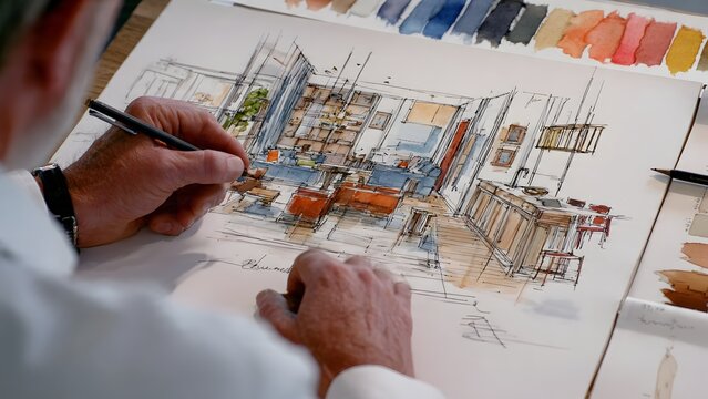 Close‑up of hands on a layered interior design sketch where the floor plan and colored render are layered on the same sheet, 4K ultra‑realistic