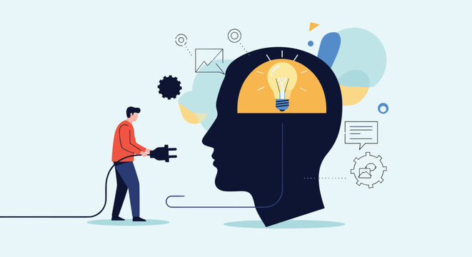 Concept of powering the brain and generating ideas with a man plugging an electrical cord into a giant human head.
