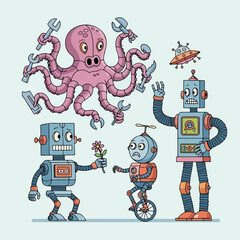 Cartoon robots and an octopus with tools © Vitri