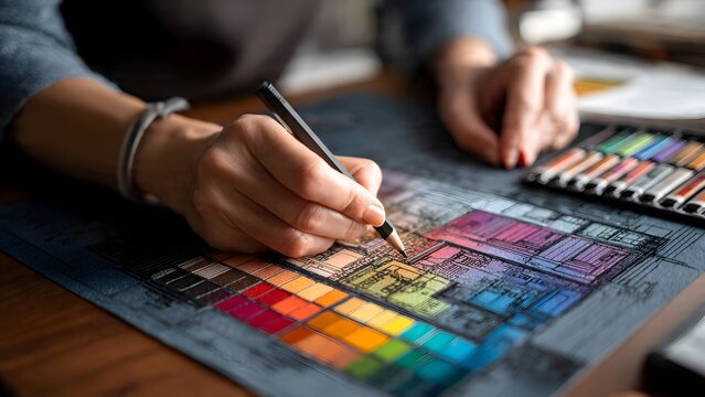 Close‑up of hands on a designer&rsquo;s working interior sheet that shows a working floor plan and a colored room sketch, 4K realistic photorealistic