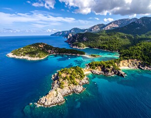 Obraz premium Aerial shot of crystal clear turquoise waters meeting lush green hills