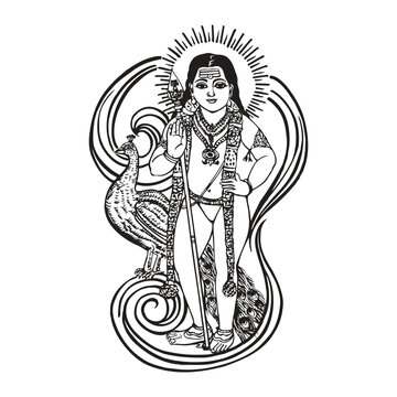 vintage drawing of indian om murugan subramaniya swamy god tamil