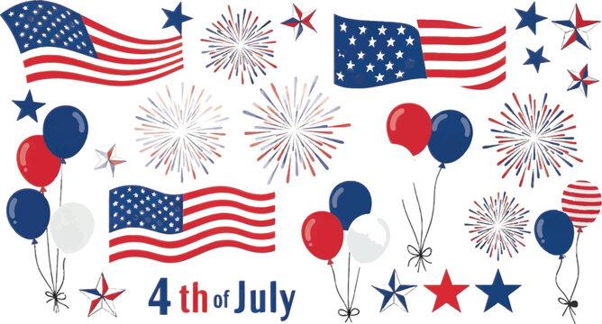 Patriotic 4th of July icons, American flags, fireworks, balloons, stars, Independence Day elements, red white blue