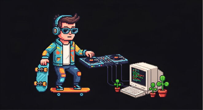 Retro Pixel Art Character DJ Skater with Turntable and Computer