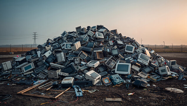 夕景の処分場に電子廃棄物が積み上がる技術ごみの風景写真
