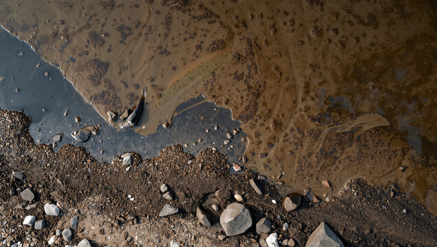 工業由来の油膜が岸辺に残る有害排水汚染の記録写真