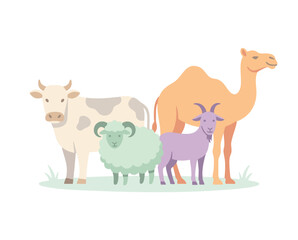 Obraz premium Minimalist vector illustration of sacrificial animals (cow, goat, sheep, camel)