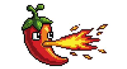 Fototapeta premium Pixel Art Chili Pepper Character Breathing Fire.