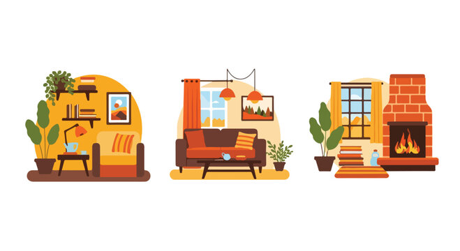 Set of 3 Cozy Living Room Interior Scenes Vector