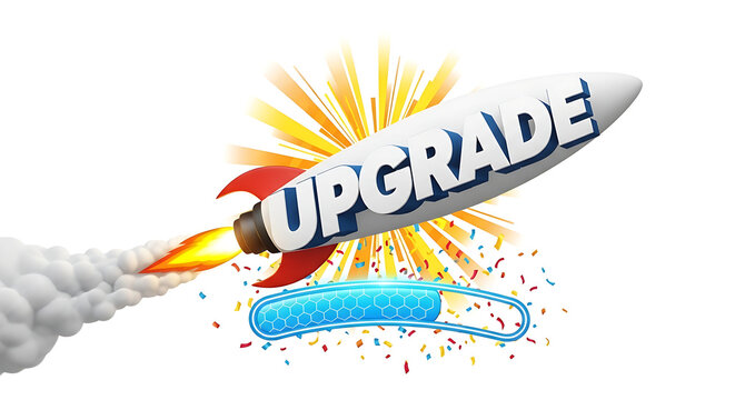 Rocket with "upgrade" text, launching over a usb drive, with colorful explosion and confetti
