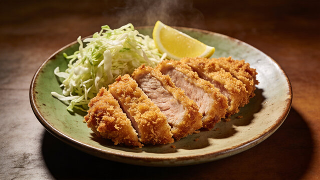 千切りキャベツを添えて器に盛られた揚げたてのとんかつ料理