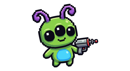 Obraz premium Pixel Art Green Alien Holding Ray Gun.