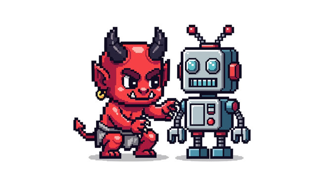Pixel Art Devil and Robot Friends Together.