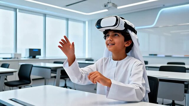 Child in traditional attire using VR headset for educational projects, e-learning courses, and school marketing
