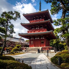 Obraz premium A vibrant, three-tiered red and brown pagoda sits in a serene garden
