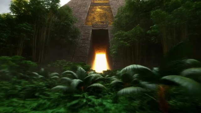 冒険コンセプト向けの古代の石のポータルに向かうジャングルのドローン飛行