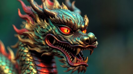 Obraz premium Intricate Mythical Dragon Sculpture with Fiery Eyes and Detailed Scales