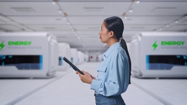 Side View Of Asian Female Professional Worker at Modular Energy Storage Systems, Observes By Looking Up Before She Come To Concentrating On The Tablet And Keep On Checking