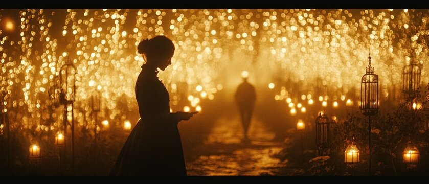 Woman in long dress silhouette with glowing lights at night