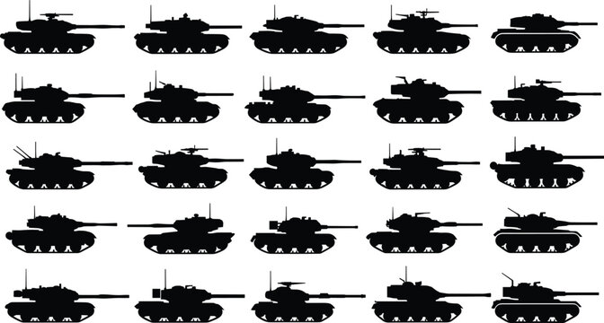 Military Tank Silhouette Vector Set Featuring Various Armored Fighting Vehicles Heavy Artillery And War Machines For Defense History Gaming And Tactical Battle Graphic Designs