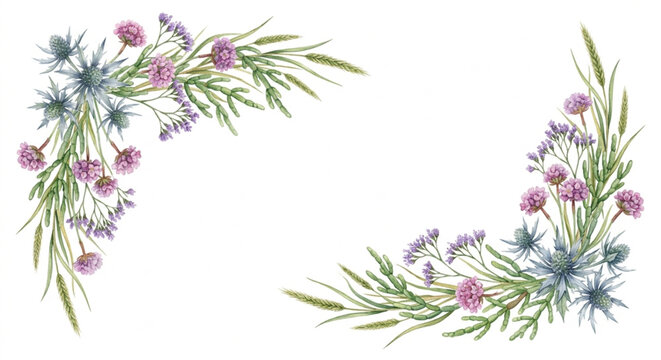 Watercolor Coastal Wildflower Corner Border Frames Clipart Vector
