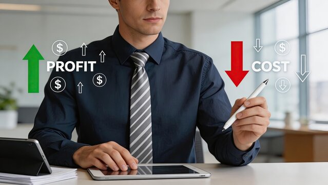 Businessman using tablet for financial analysisprofit growth and cost reduction concept with green up and red down arrowsstrategy to increase revenue and decrease costs plan