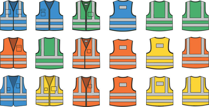 Safety Vests and High Visibility Jackets Vector Set Featuring Reflective Protective Clothing for Construction Engineering Industry and Traffic Safety Isolated on White Background