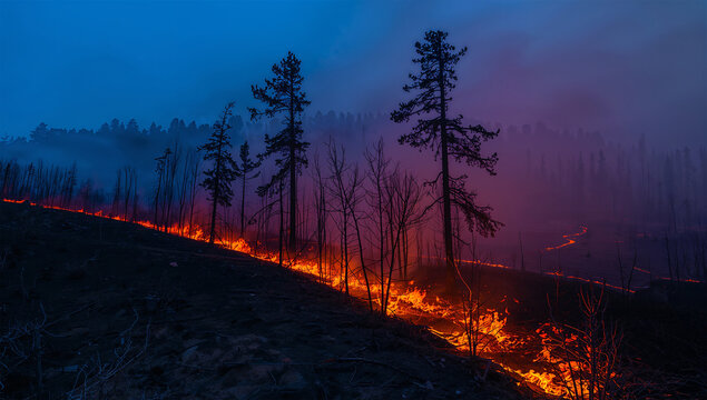 煙に包まれた森林の地表を火線が伸びる夜の災害風景