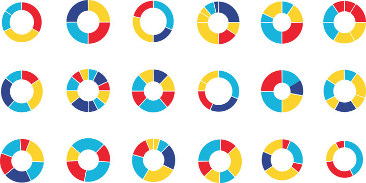 Set of Colorful Circular Donut Chart Icons for Data Visualization Infographic Presentations Business Statistics Analysis and Financial Progress Report Graphic Designs