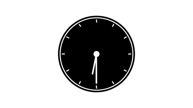 Simple black and white clock face showing approximately seven minutes past twelve