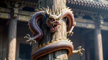 Fototapeta premium Intricate Dragon Sculpture on a Column in Traditional Architecture