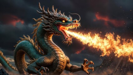 Fototapeta premium Enormous Dragon Breathing Fire Amidst Dark Stormy Sky Landscape