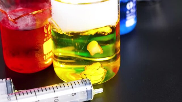 Chemical reaction with dry ice in colorful liquid beakers and medical syringe on black background.