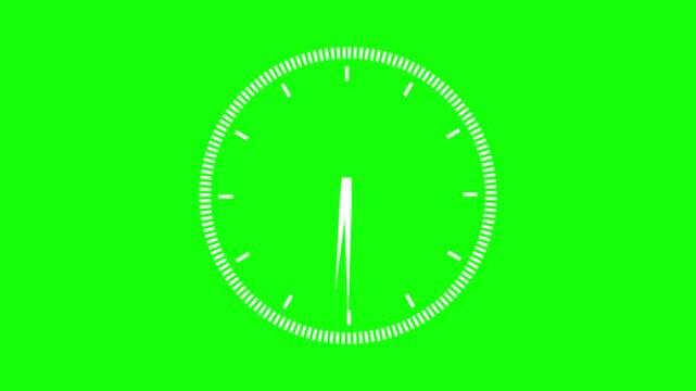 A white clock face displaying approximately ten minutes past the hour on green