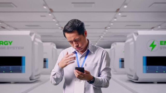 Asian Male Professional Worker Standing With His Smartphone at Modular Energy Storage Systems, He Is Nodding His Head With Dissapionted