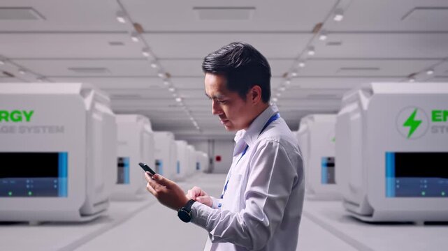 Side View Of An Asian Male Professional Worker Standing With His Smartphone at Modular Energy Storage Systems, Checking On His Smartphone With Meditation