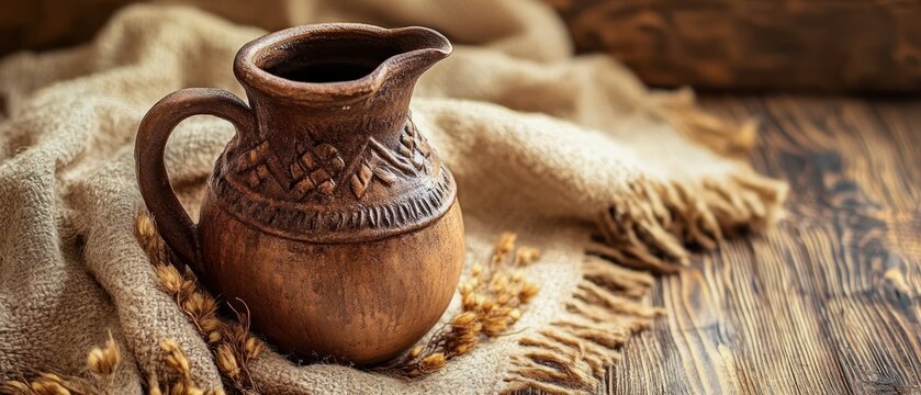 Rustic clay jug with wheat on fabric background vintage still life photography