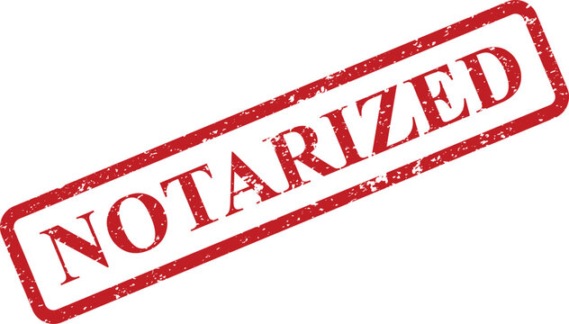 Red textured rubber stamp with the word NOTARIZED confirming legal authenticity on a document