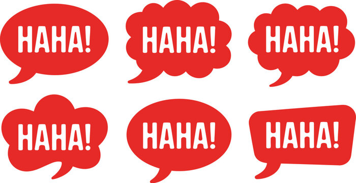 Comic speech bubble set, pop art style red haha laughter balloons with funny chat icons for messaging humor stickers and creative design use.