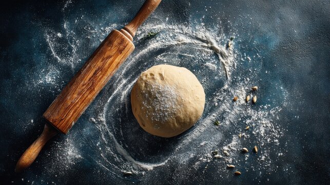 Fresh dough and rolling pin on grey table, top view