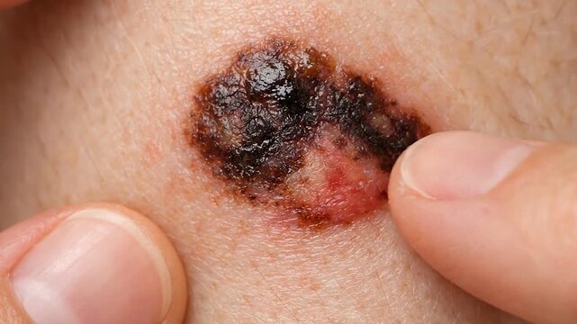 Skin lesion examination for cancer diagnosis irregular mole melanoma closeup with finger touch, dermatology medical awareness for sore or scab irritation, prevention checkup concept in healthcare