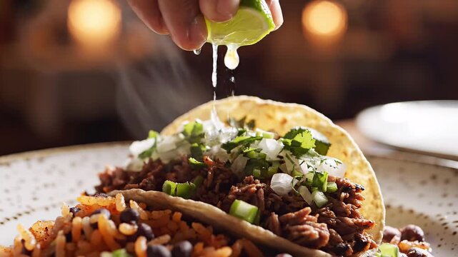 Hand squeezing lime over a delicious taco with rice and beans juice dripping