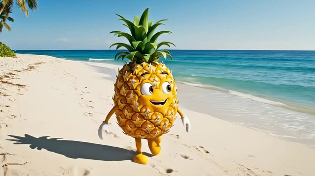 Cute pineapple character animated in a stylized 3D look walks casually on a real tropical beach, featuring soft shadows, warm sunlight, and a calm ocean for loopable content