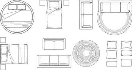 Furniture top view set, bed sofa rug pillow collection, line vector illustration interior design pack © Vexora Studio
