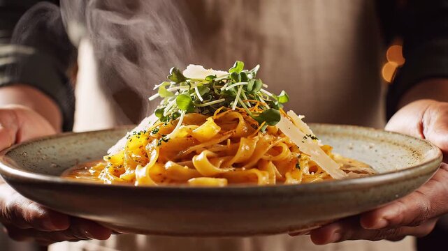 Steaming plate of fettuccine pasta with microgreens and parmesan cheese noodles Italian food