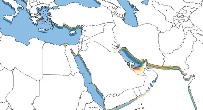 Illustrated vector map depicting military escalation in the Strait of Hormuz and Arab countries, showcasing a potential blockade and US military presence against a clean white background