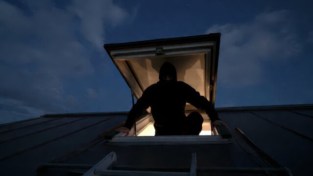 Mysterious Figure Climbing Out of Rooftop Window at Night